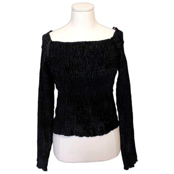 Vintage Y2K Faded Glory Black Velvet Off the Shoulder Top Smocked Vamp Gothic L - Picture 1 of 10